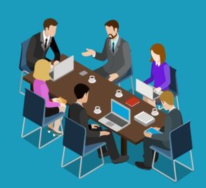illustration of a business meeting with 5 people at a long table