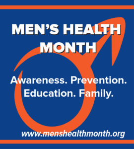 Men's Health Month logo - an orange circle with an arrow on a blue background
