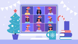coronavirus holiday celebrations - illustration of kids on zoom visiting with Santa