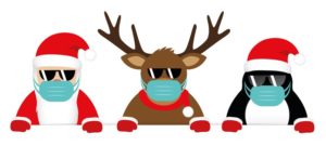 cartoon Santa Claus, reindeer and penguin in face masks