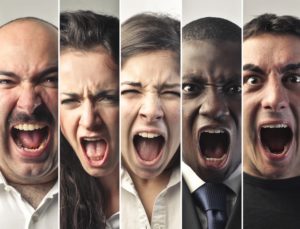 five closeups of faces showing anger