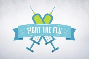 flu shot - blue banner reading "fight the flu" with two crossed syringes behind it
