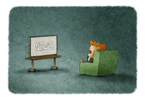 illustration of a man sitting in an armchair, is watching the news on TV to illustrate HR News Roundup