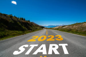 View of a highway with the words :2023 start" painted on the road - to illustrate looking forward to 2023 HR trends post