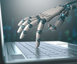 Robotic hand, accessing on laptop, the virtual world of information. Concept of whether ChatGPT and generative Artificial Intelligence tools will replace humans in some creative jobs