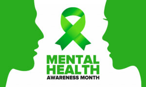 Green silhouettes framing a green ribbon for mental health awareness month,