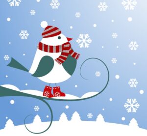 Illustrated bird on a branch, bundled up in a winter hat an scarf. There are falling snowflakes on a blue background. This image illustrates our 2023 Holiday Survival Toolkit.