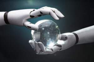 Robotic hands hold a crystal ball to predict the future of HR trends in 2024