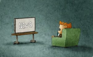 cartoon illustration of an open-mouthed, shocked man sitting in an armchair watching a TV screen that says "News"